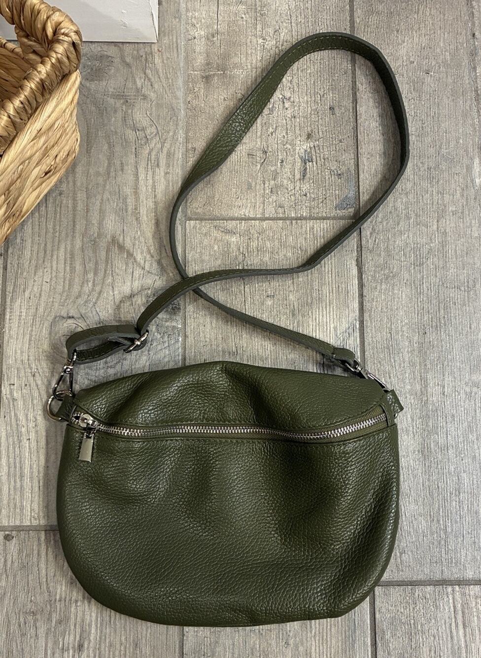 Made in Italy Olive Green Pebbled Leather Crescent Sling Shoulder Bag